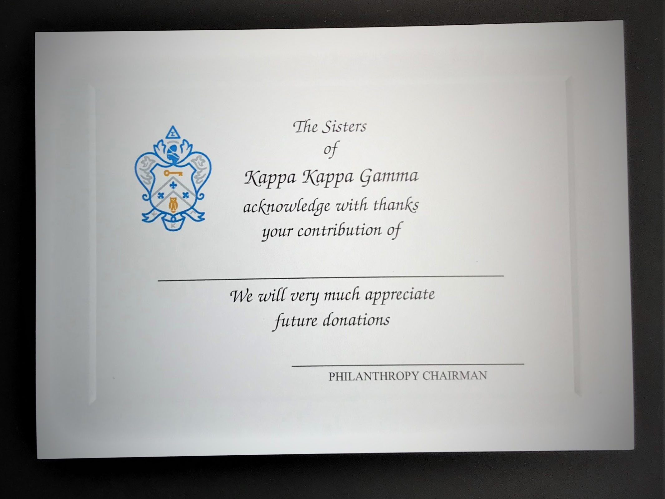 Full Color Donation Thank You Cards Kappa Kappa Gamma