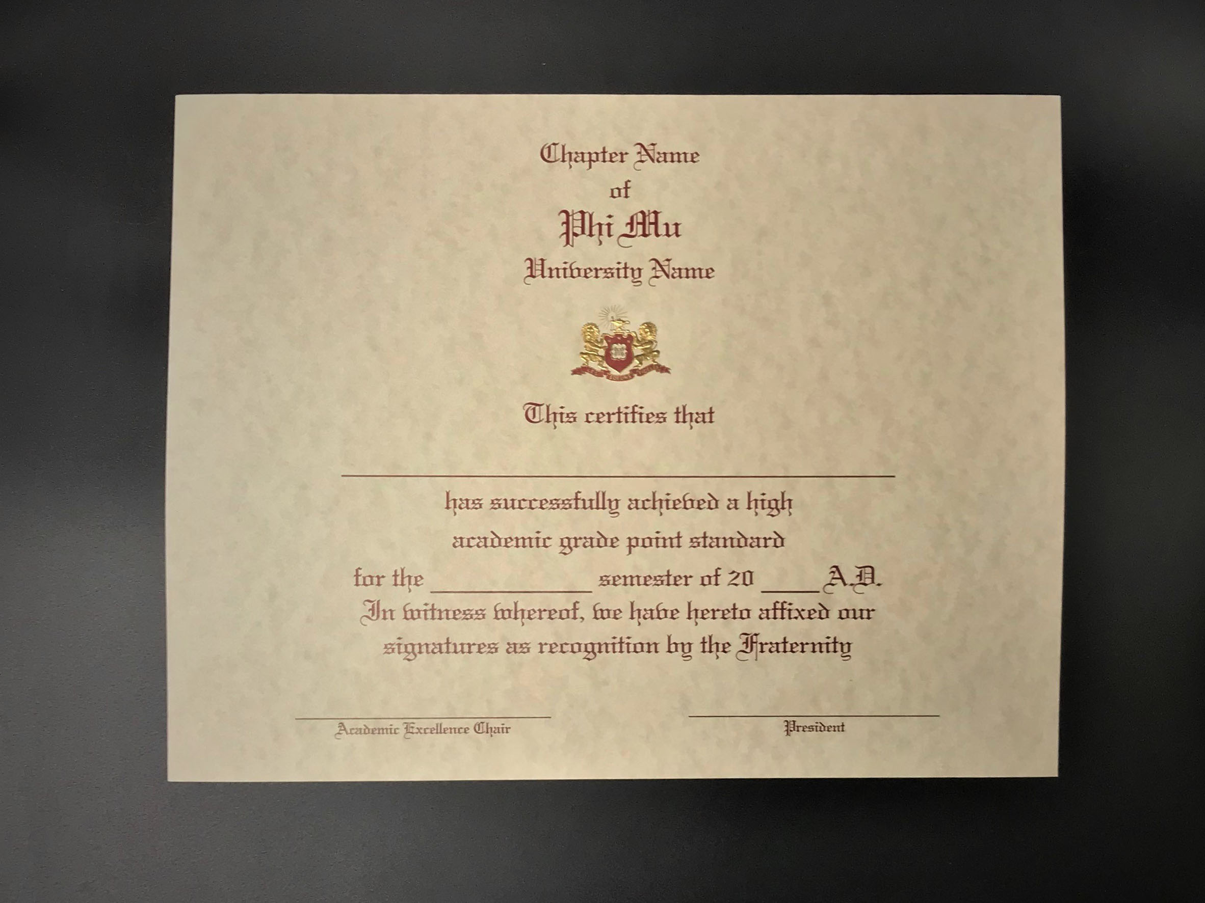 Engraved Academic Achievement Certificates Phi Mu