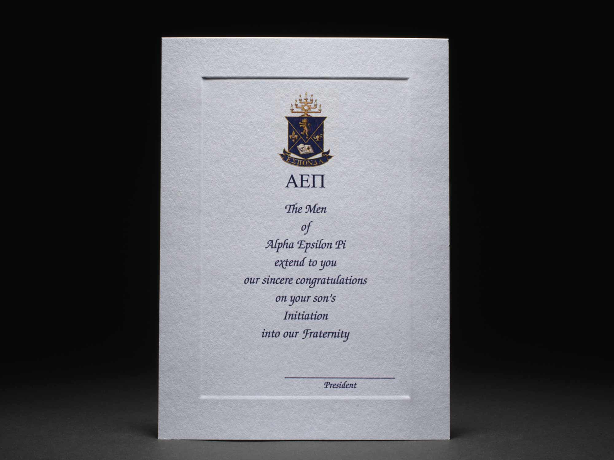 Parent Congratulations Card New Initiation Alpha Epsilon Pi
