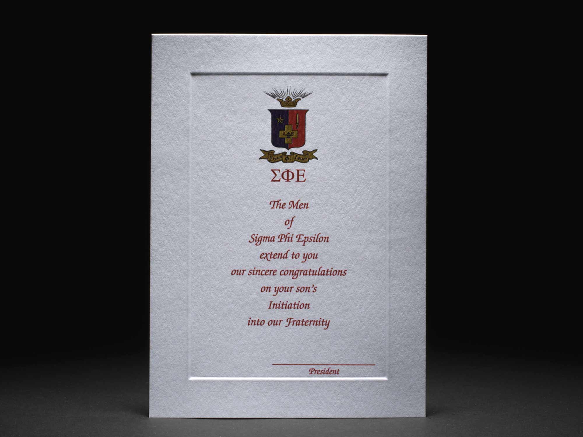 Parent Congratulations Card New Initiation Sigma Phi Epsilon