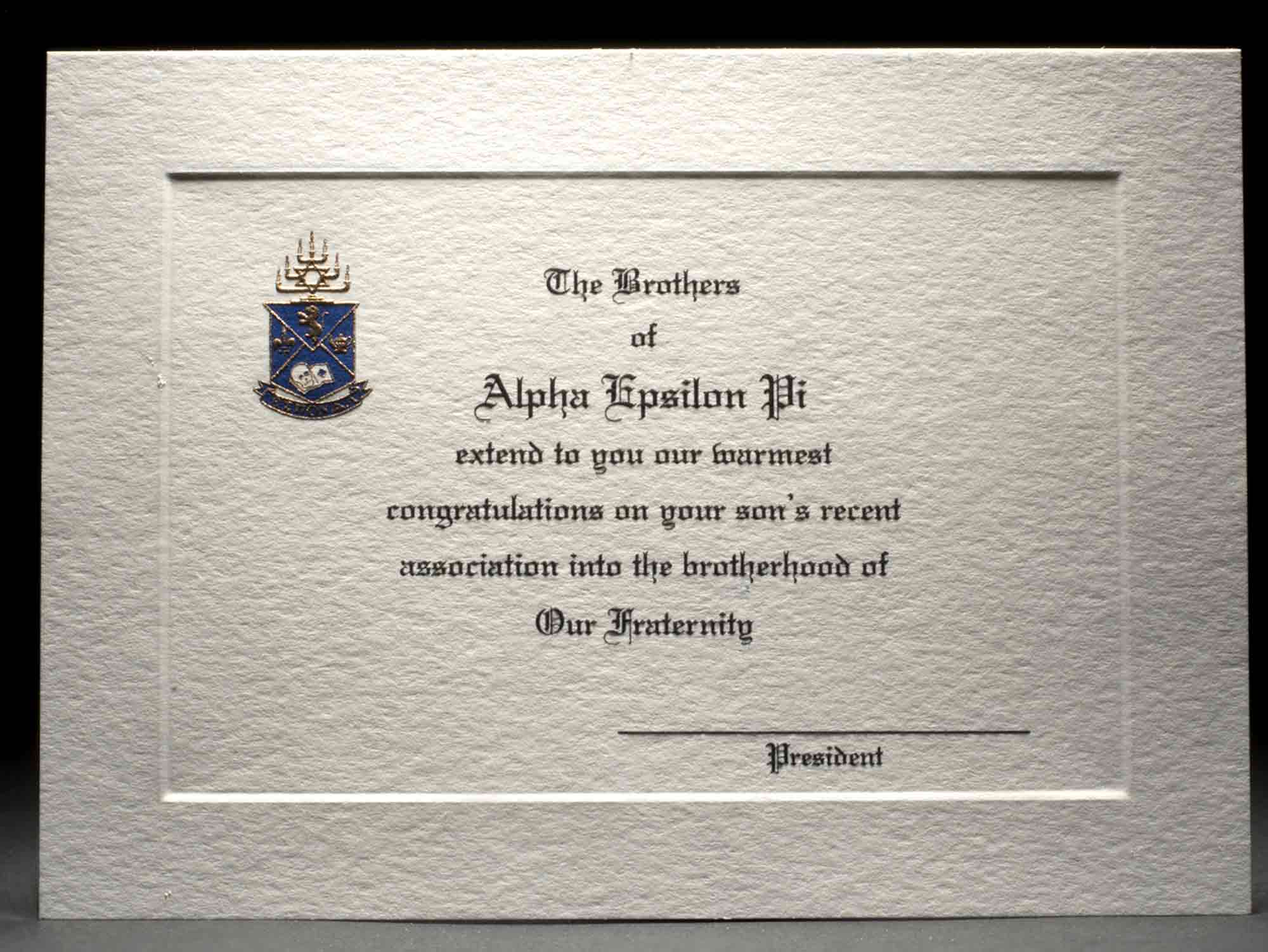 Engraved Parent Congratulations Association Alpha Epsilon Pi