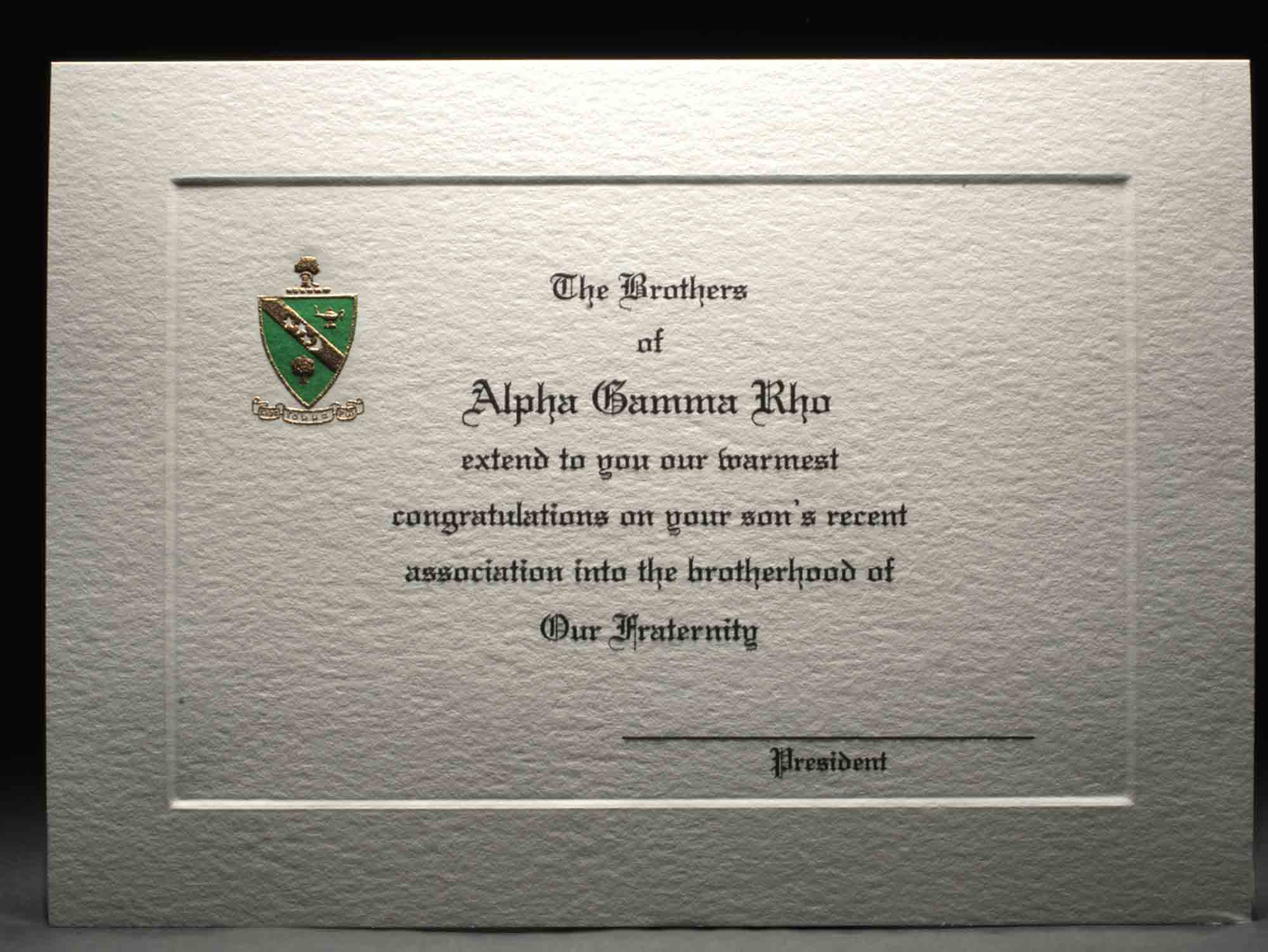 Engraved Parent Congratulations Card Association Alpha Gamma Rho