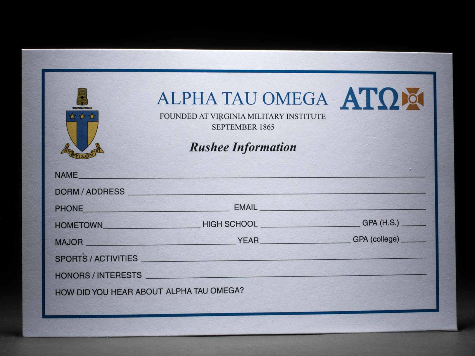Rushee Information Cards Alpha Tau Omega