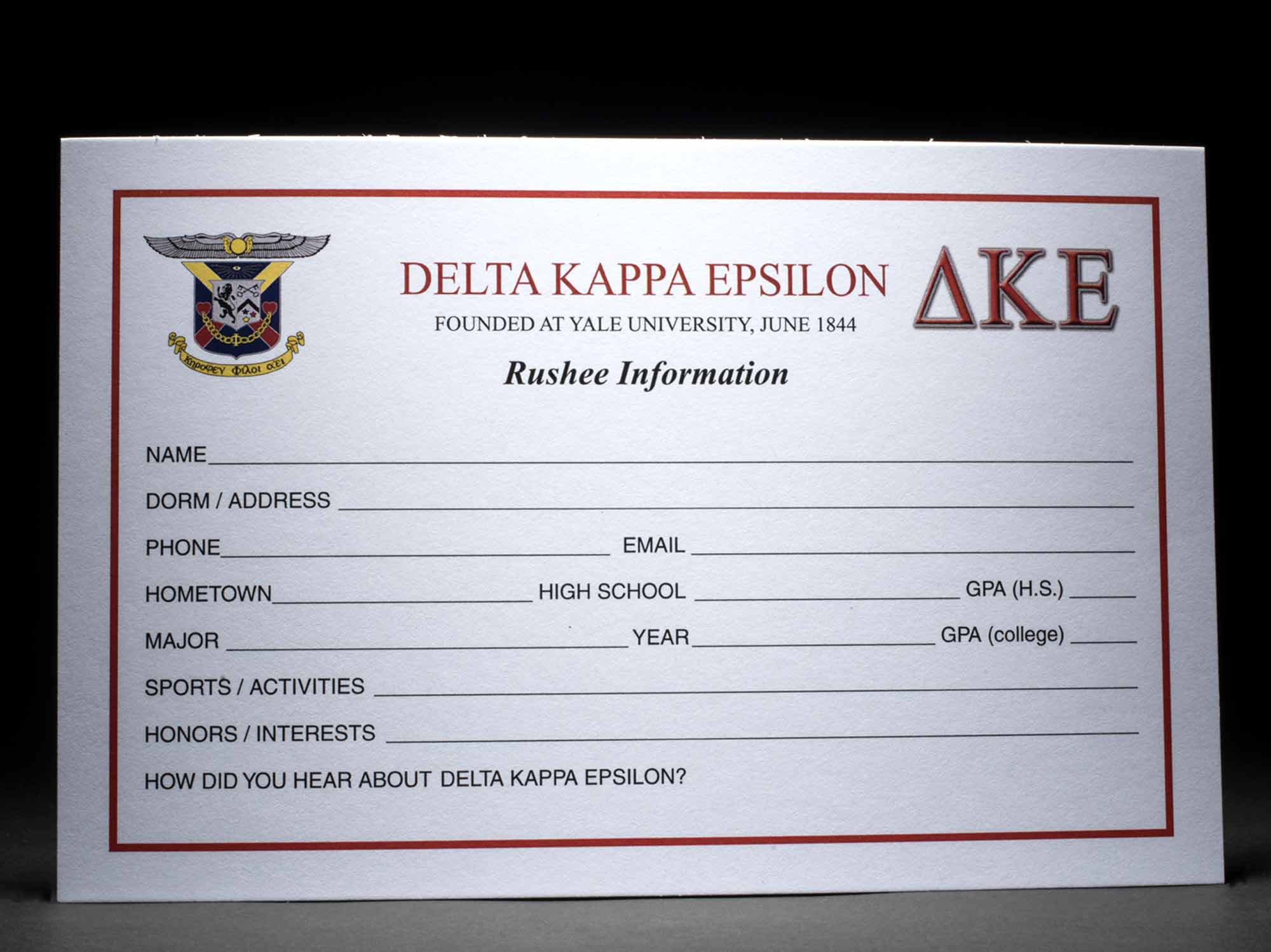 Rushee Information Cards Delta Kappa Epsilon