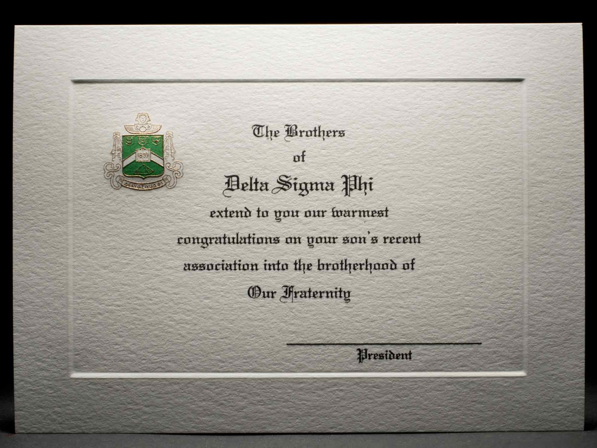 Engraved Parent Congratulations Card Association Delta Sigma Phi