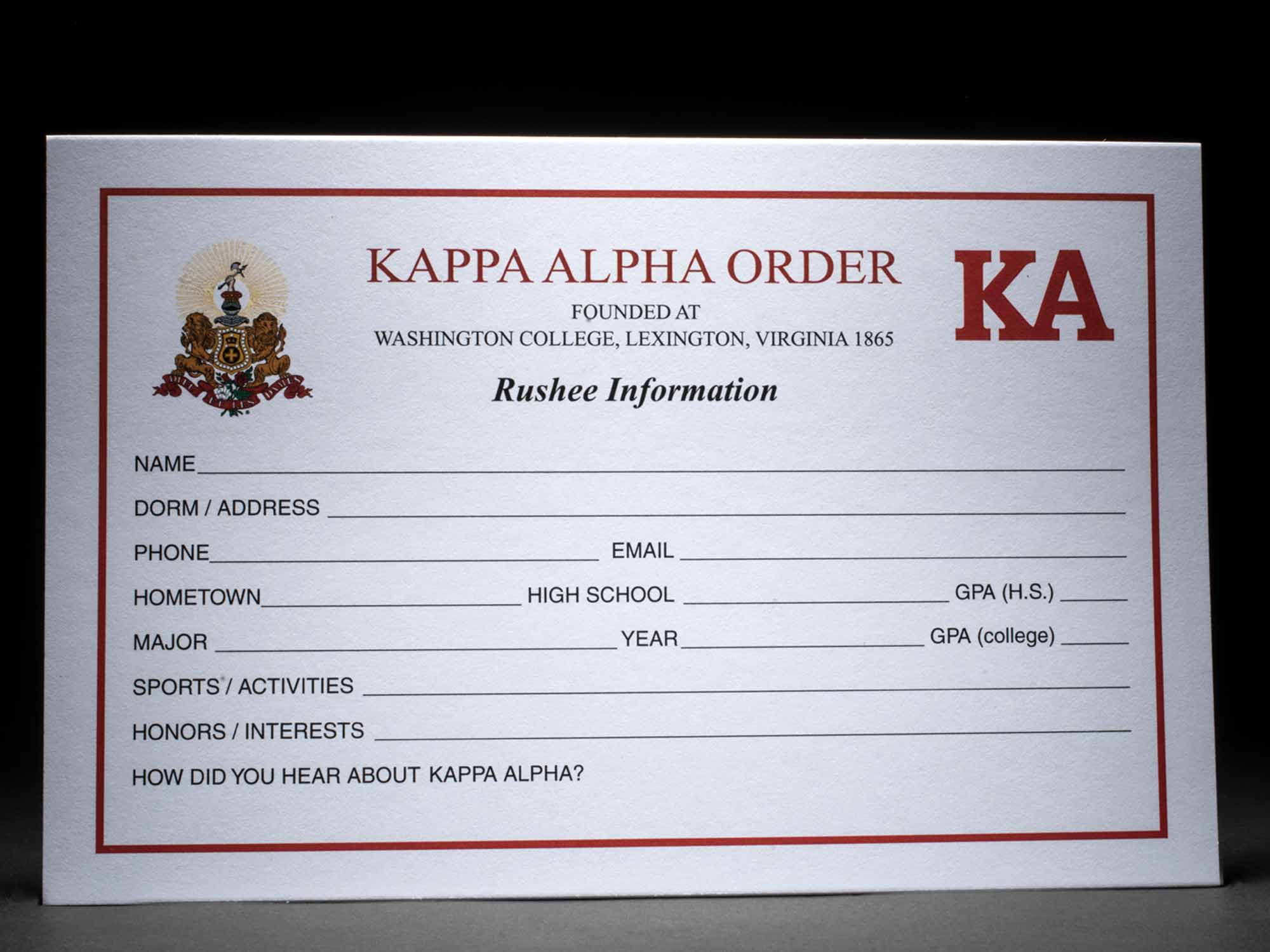 Rushee Information Cards Kappa Alpha Order