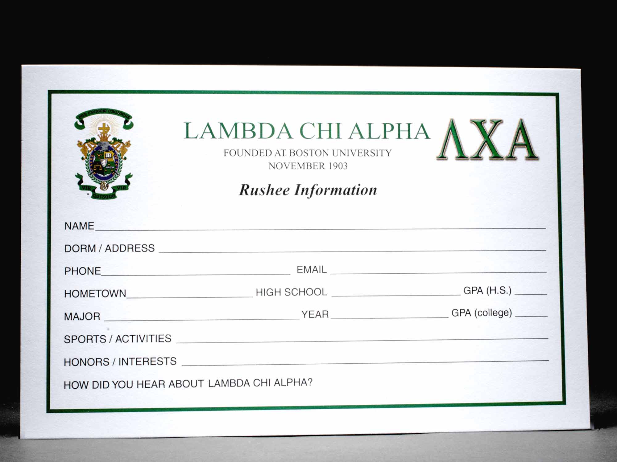 Rushee Information Cards Lambda Chi Alpha