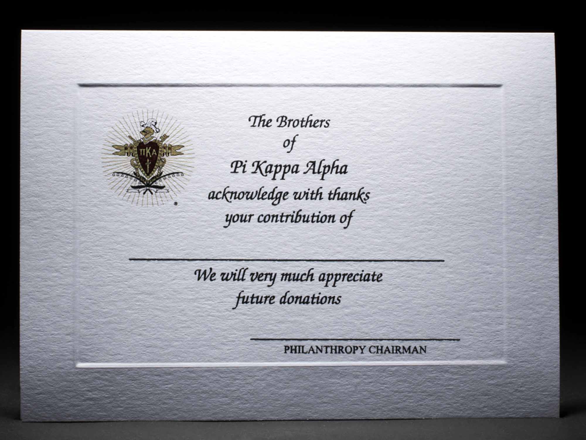 Full Color Donation Thank You Cards Pi Kappa Alpha
