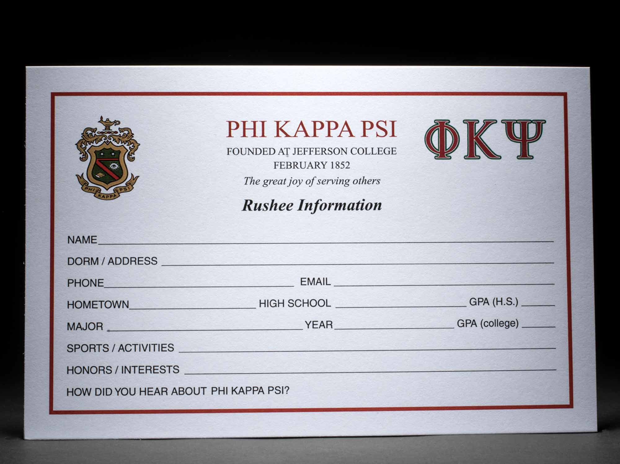 Rushee Information Cards Phi Kappa Psi