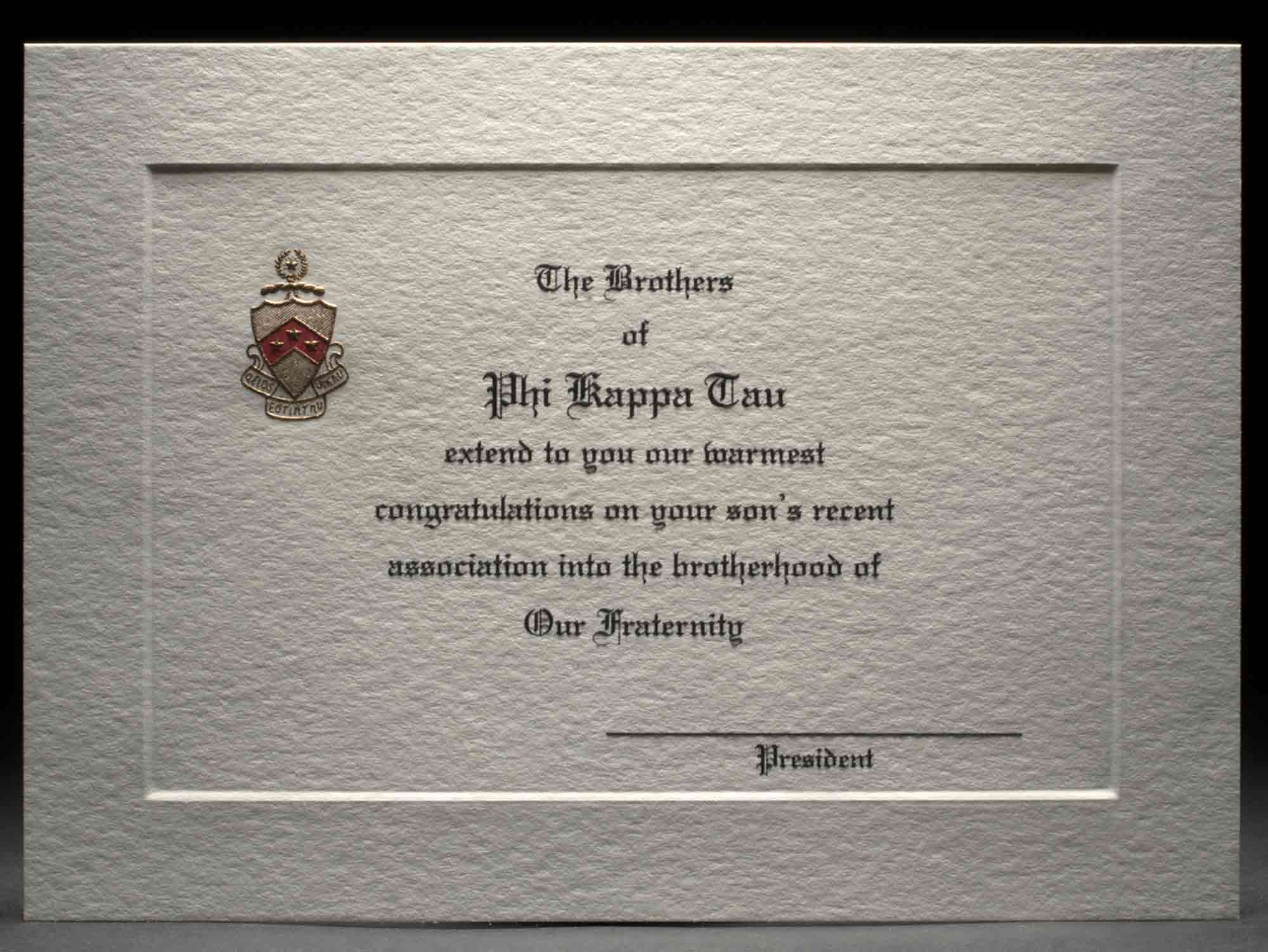 Engraved Parent Congratulations Card Association Phi Kappa Tau