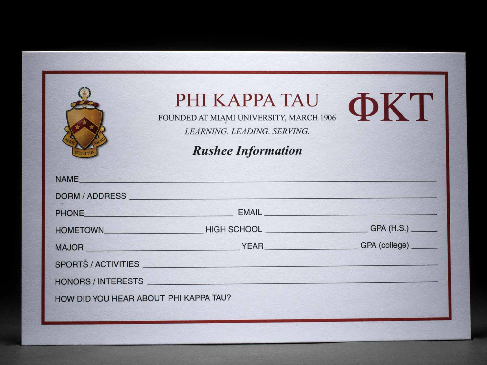 Rushee Information Cards Phi Kappa Tau