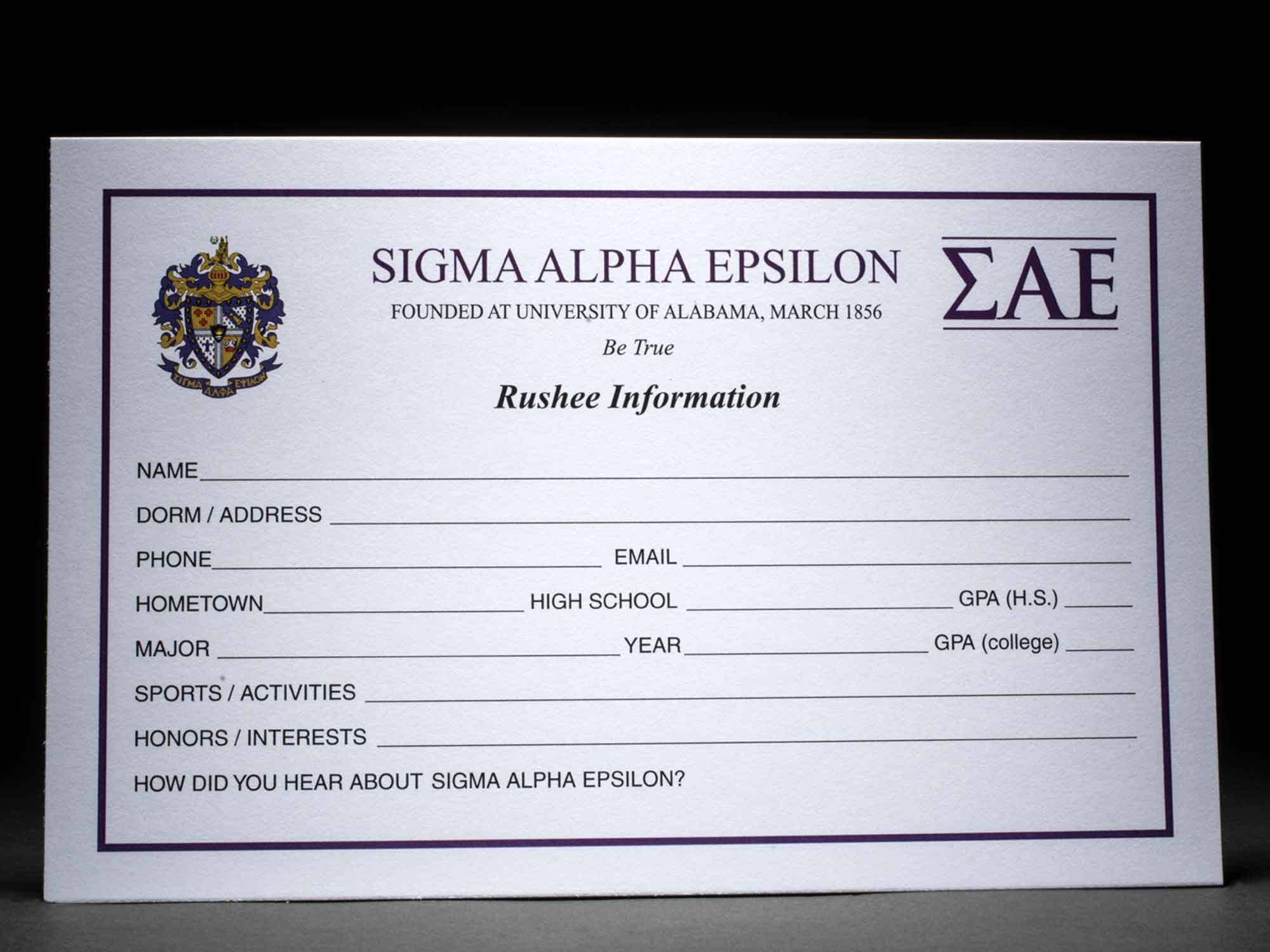 Rushee Information Cards Sigma Alpha Epsilon