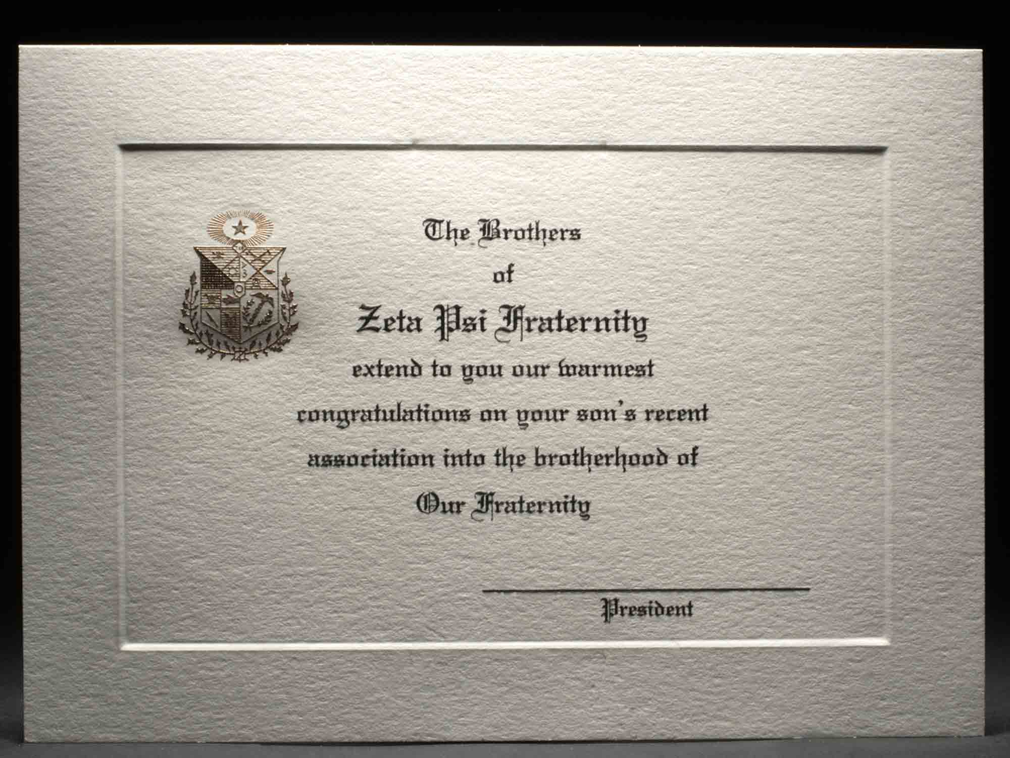 Engraved Parent Congratulations Card Association Zeta Psi
