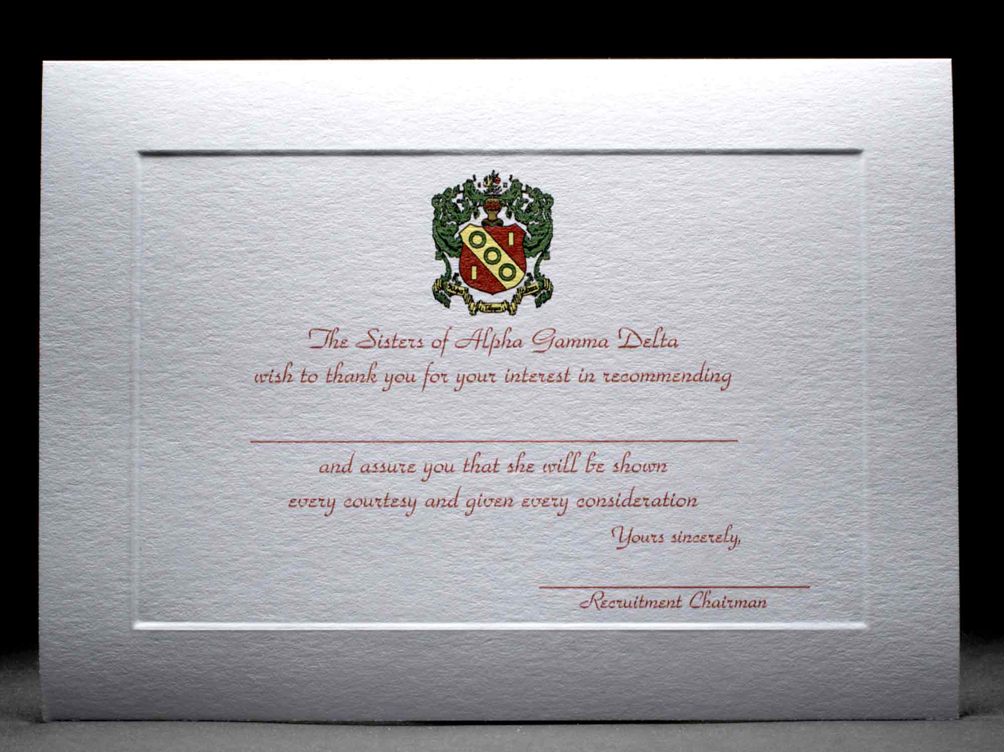 Recommendation Thank You Cards Alpha Gamma Delta