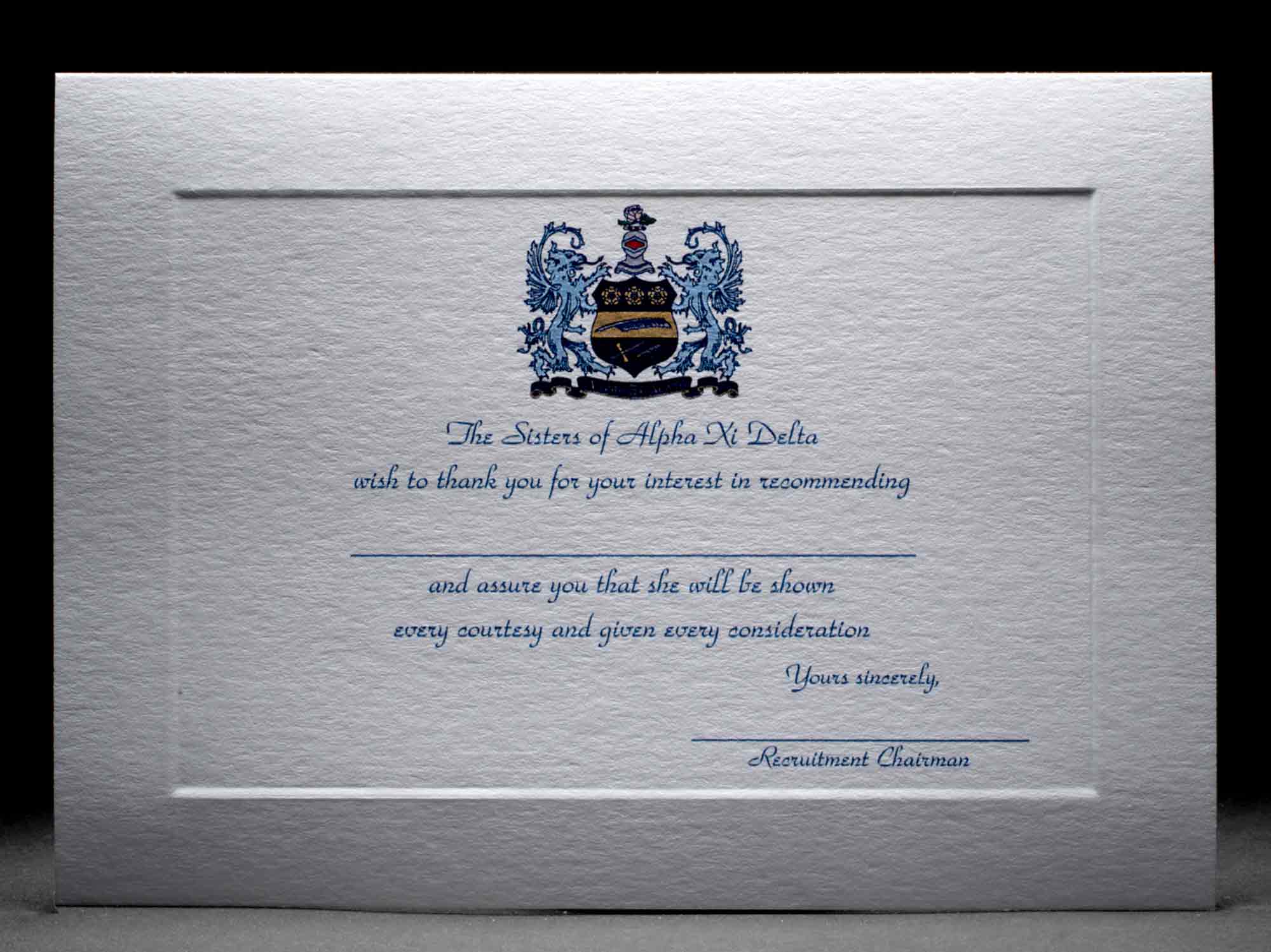 Recommendation Thank You Cards Alpha Xi Delta