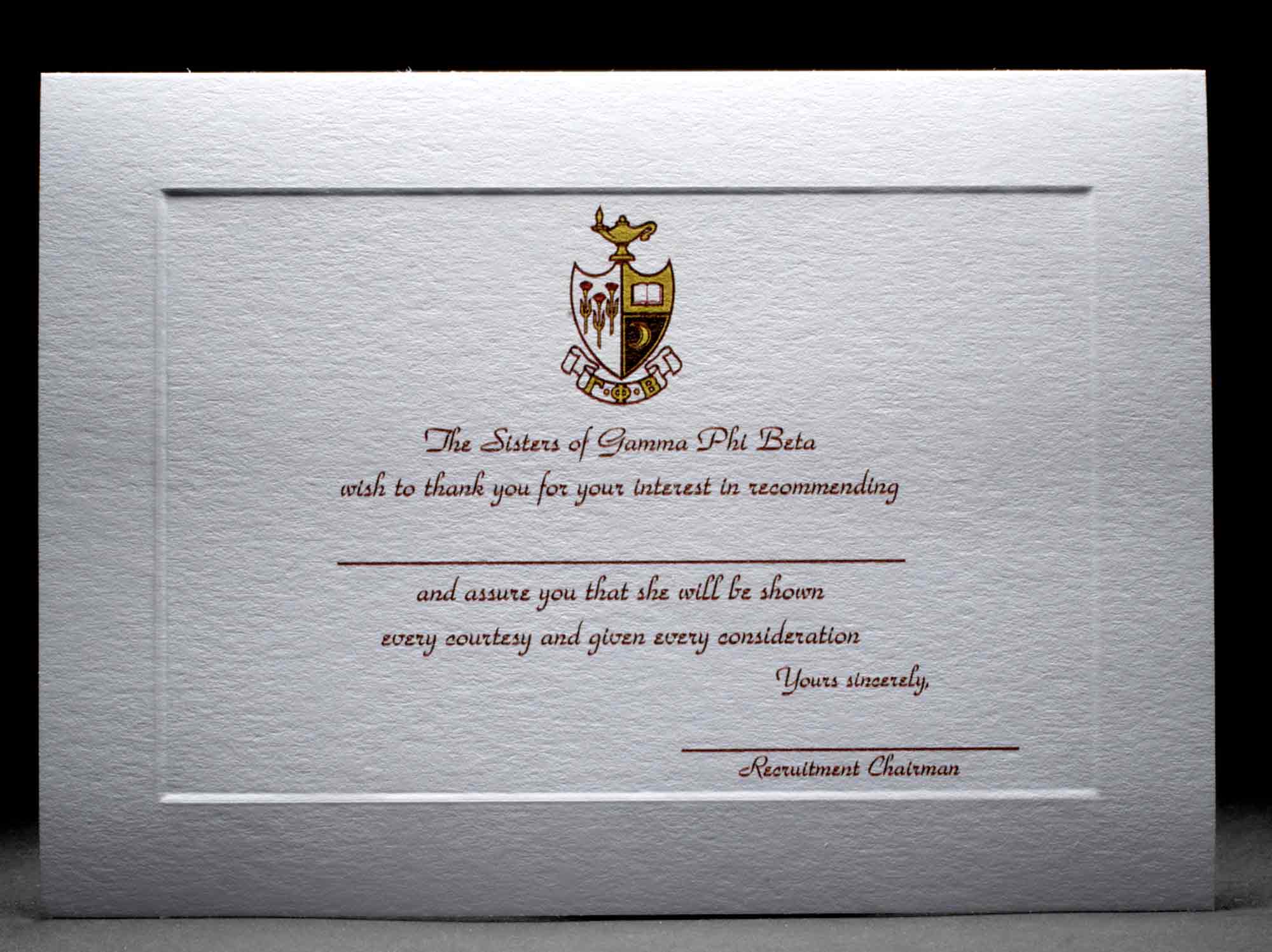 Recommendation Thank You Cards Gamma Phi Beta | GreekStation