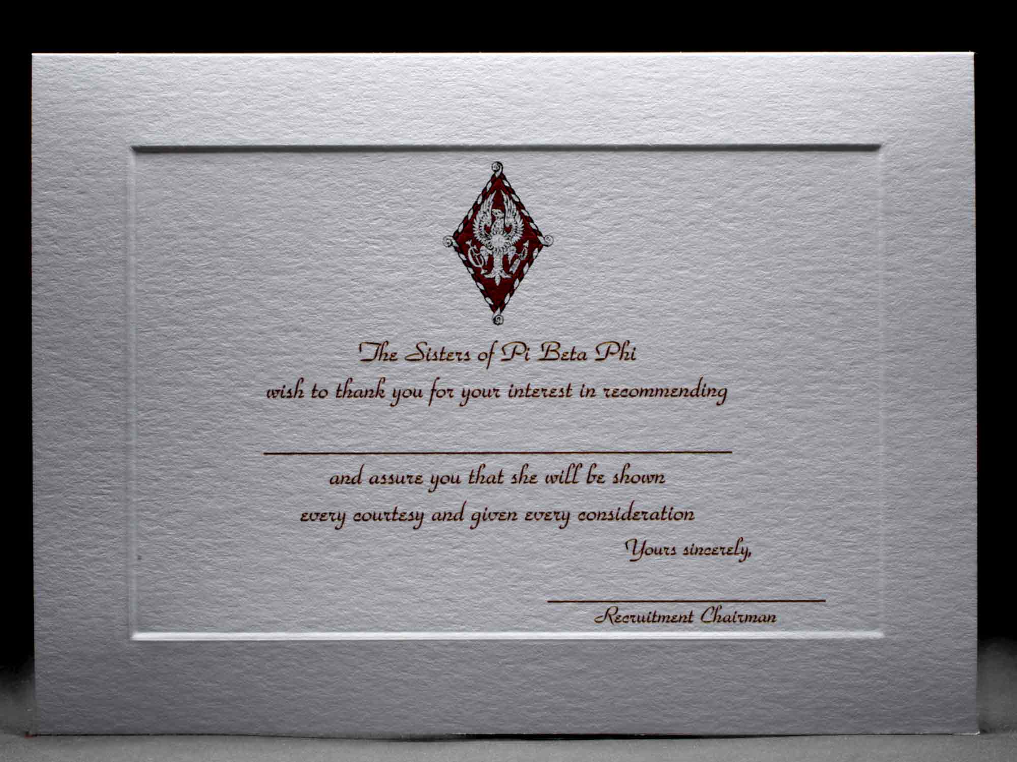 Recommendation Thank You Cards Pi Beta Phi