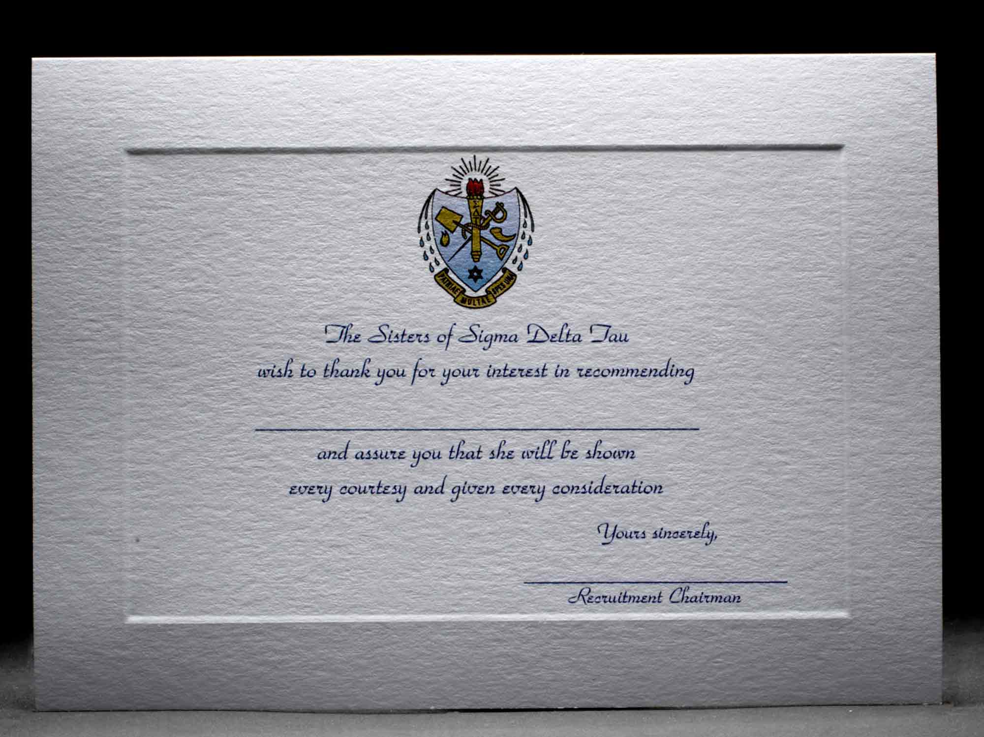 Recommendation Thank You Cards Sigma Delta Tau