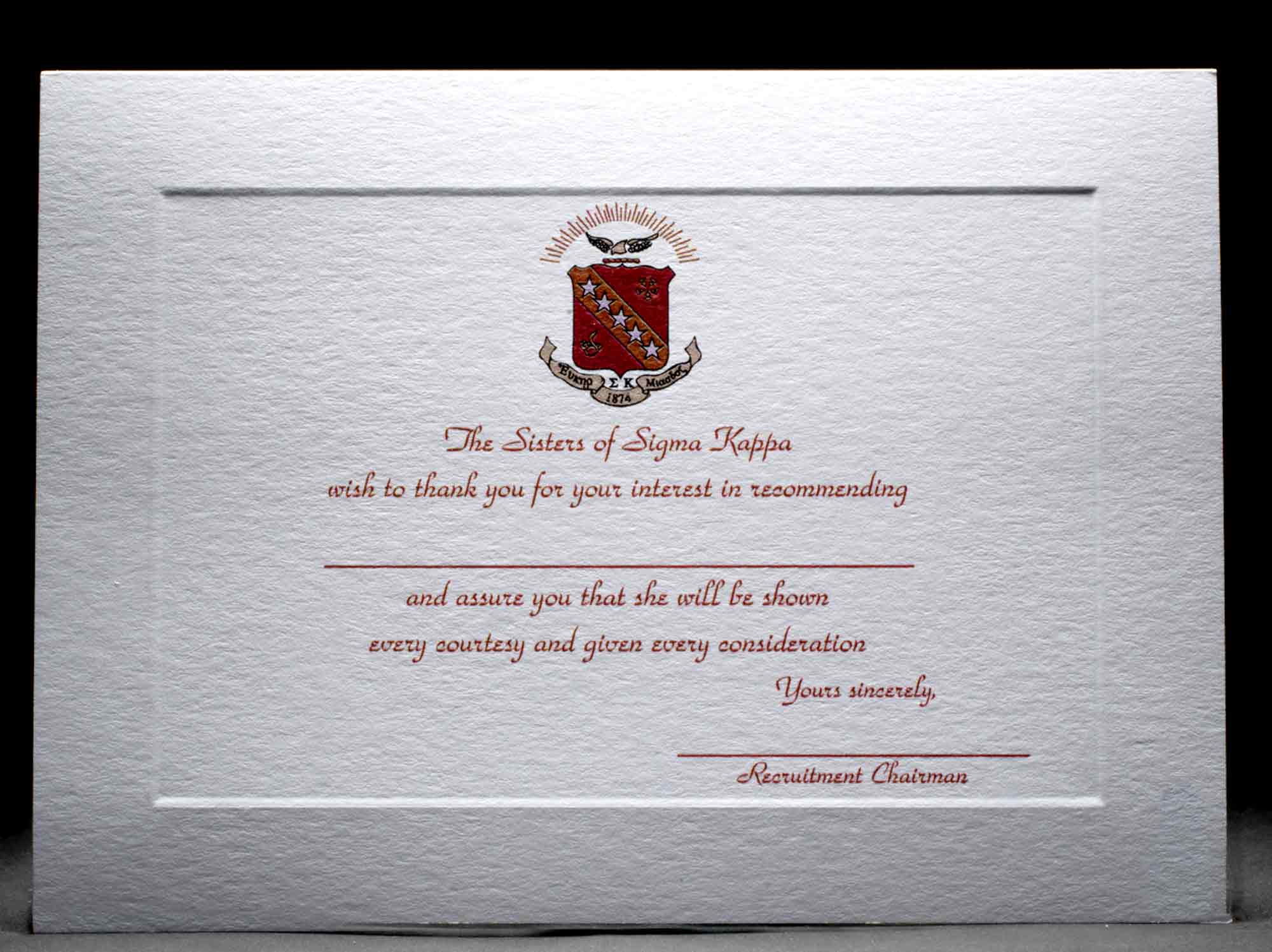 Recommendation Thank You Cards Sigma Kappa