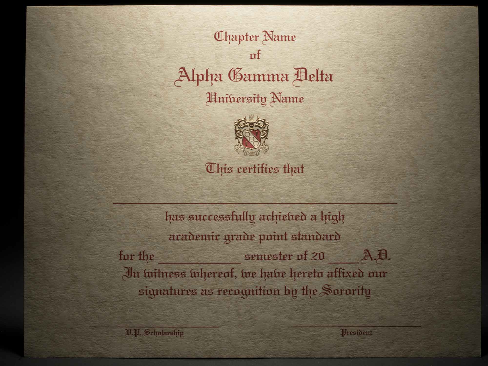 Academic Achievement Certificates Alpha Gamma Delta