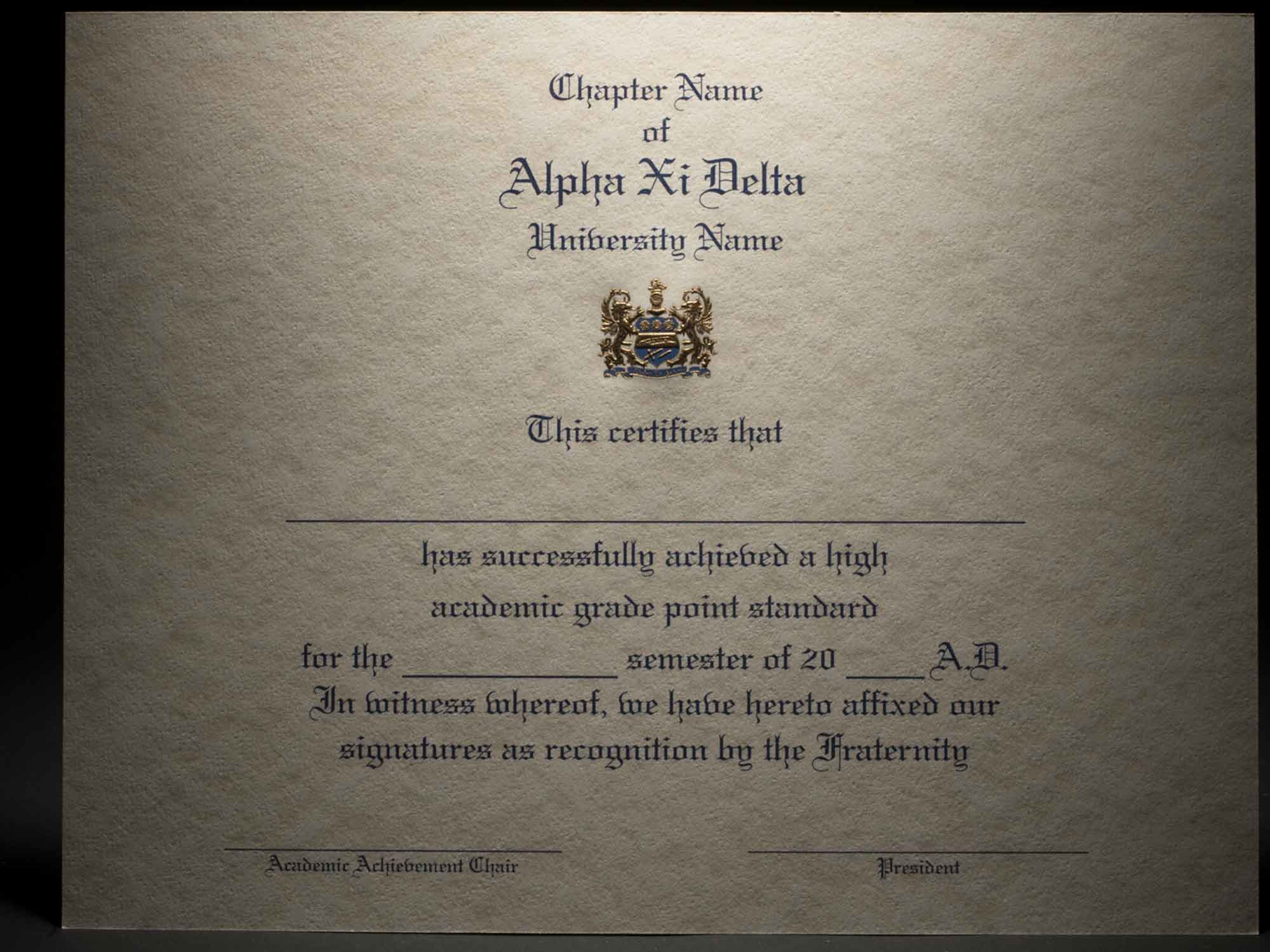 Engraved Academic Achievement Certificates Alpha Xi Delta