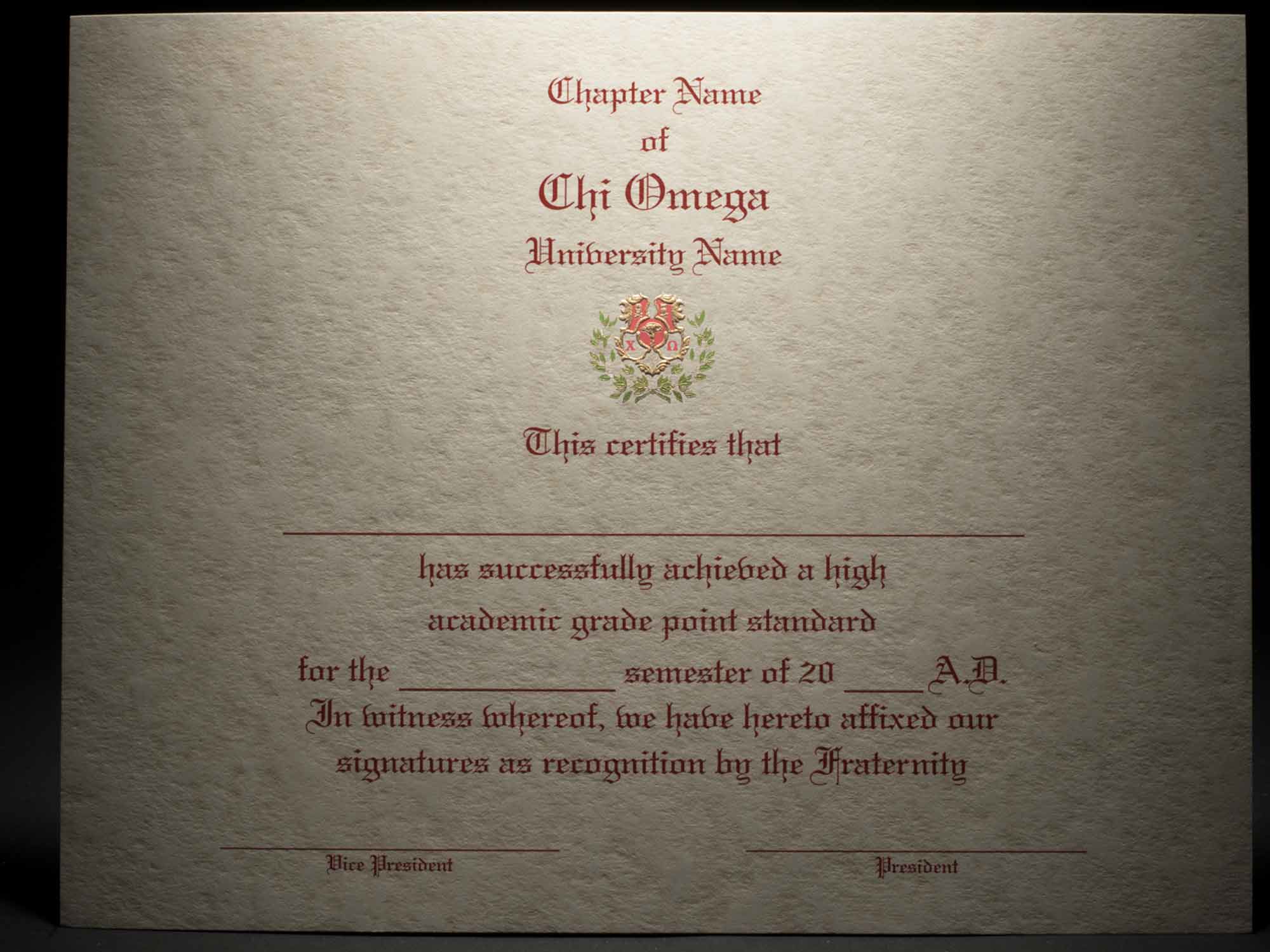 Engraved Academic Achievement Certificates Chi Omega