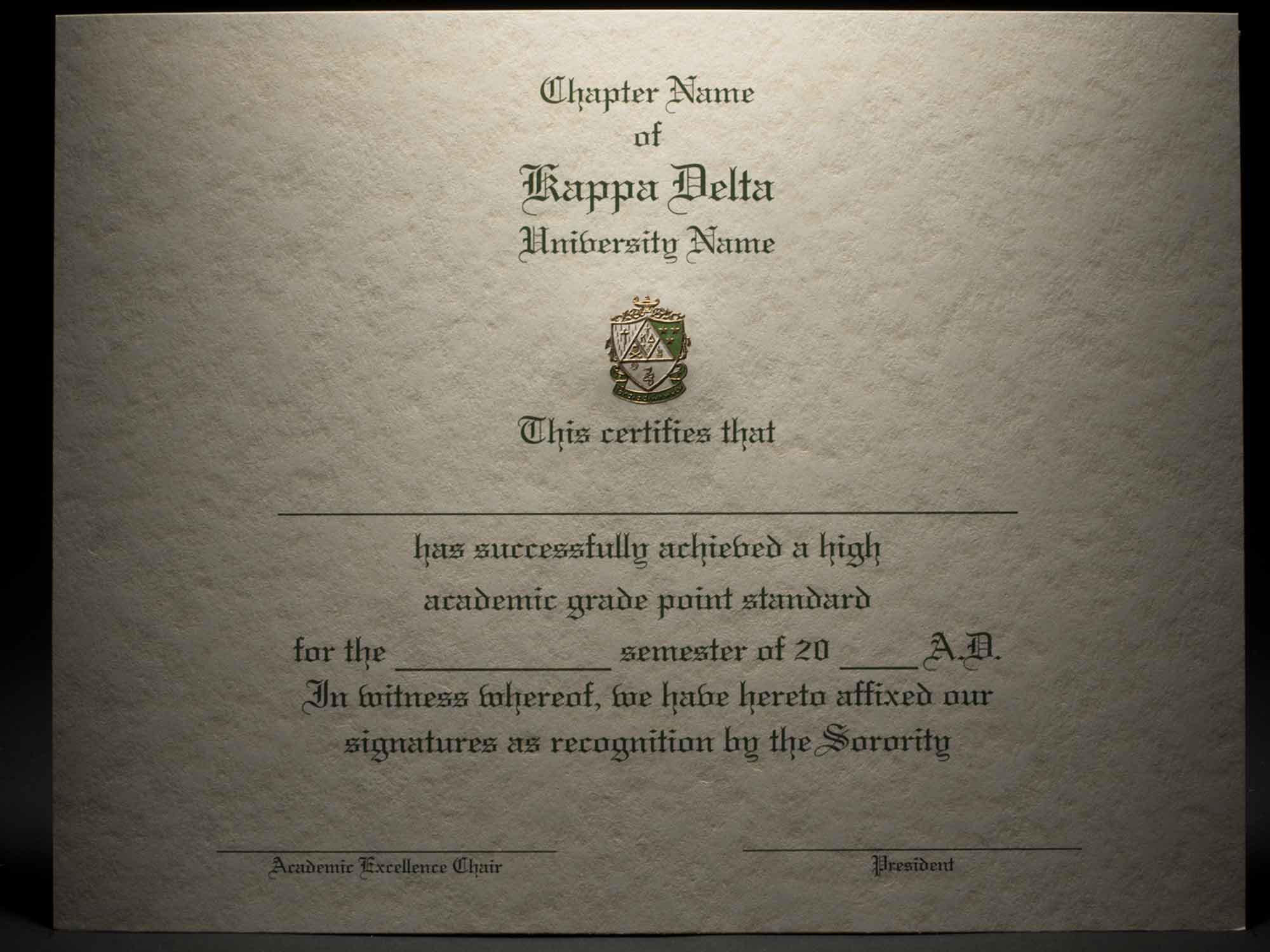 Engraved Academic Achievement Certificates Kappa Delta