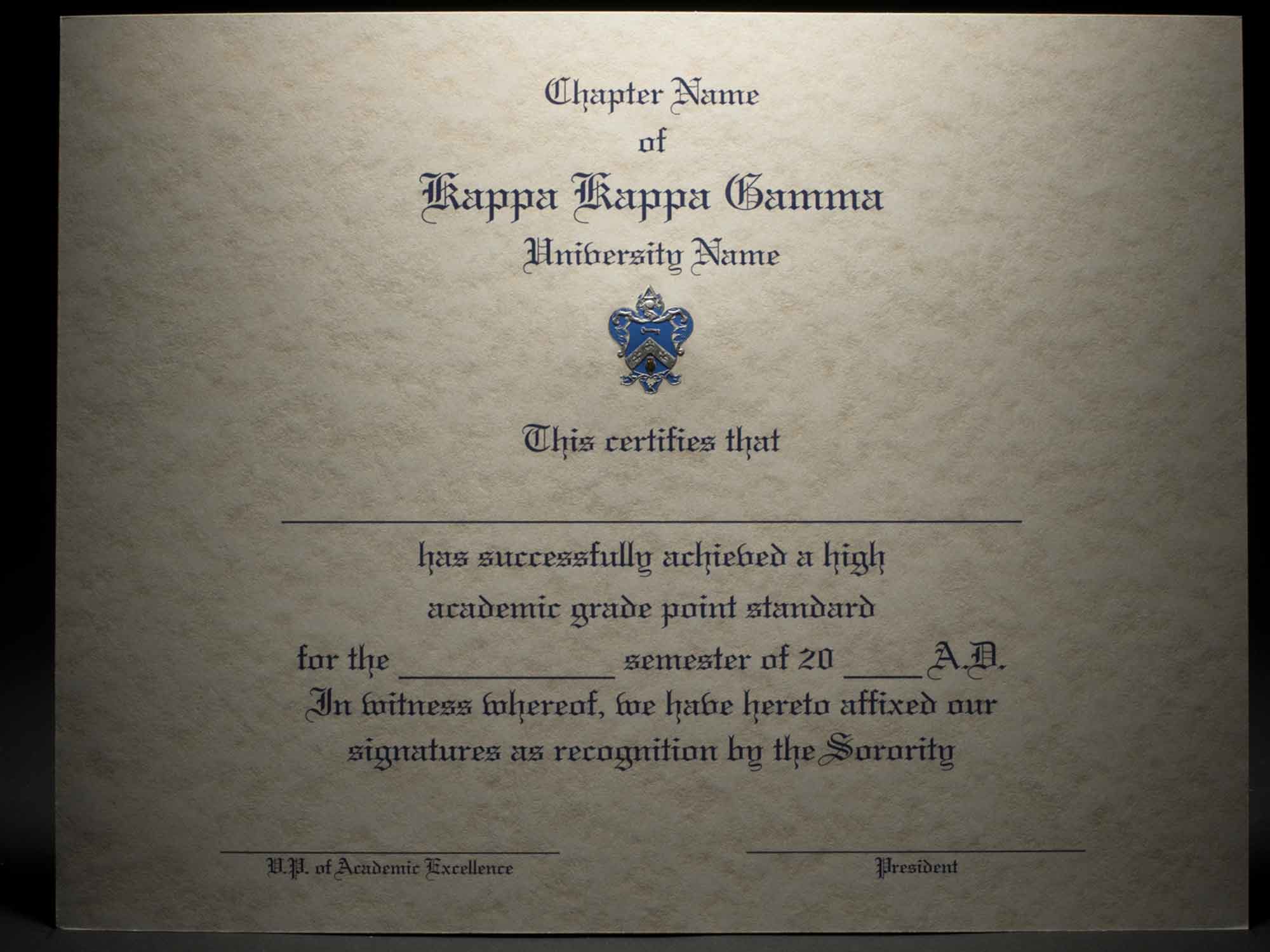 Engraved Academic Achievement Certificates Kappa Kappa Gamma