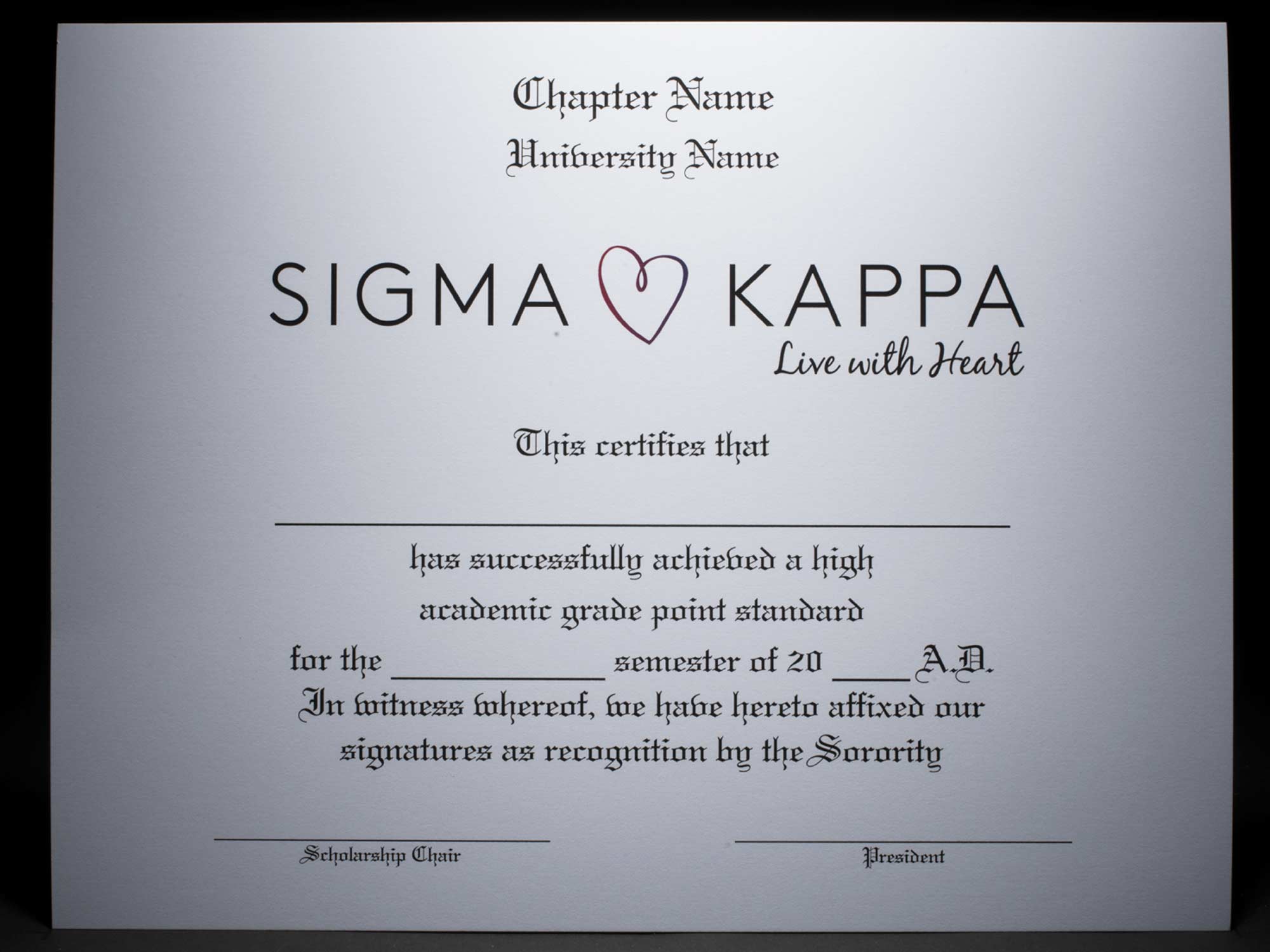 Academic Achievement Certificates Official Branding Sigma Kappa