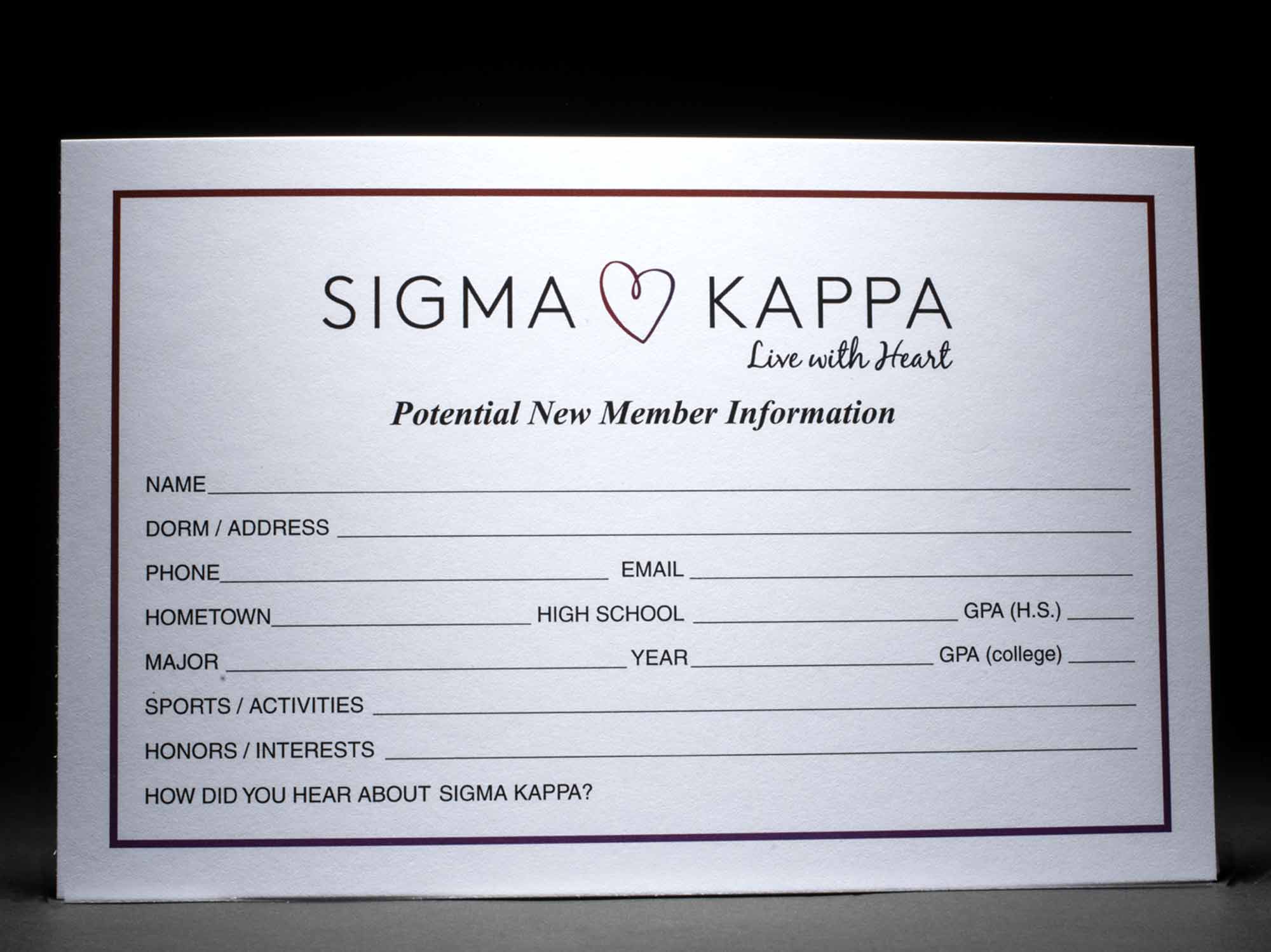 Rushee Information Cards Sigma Kappa