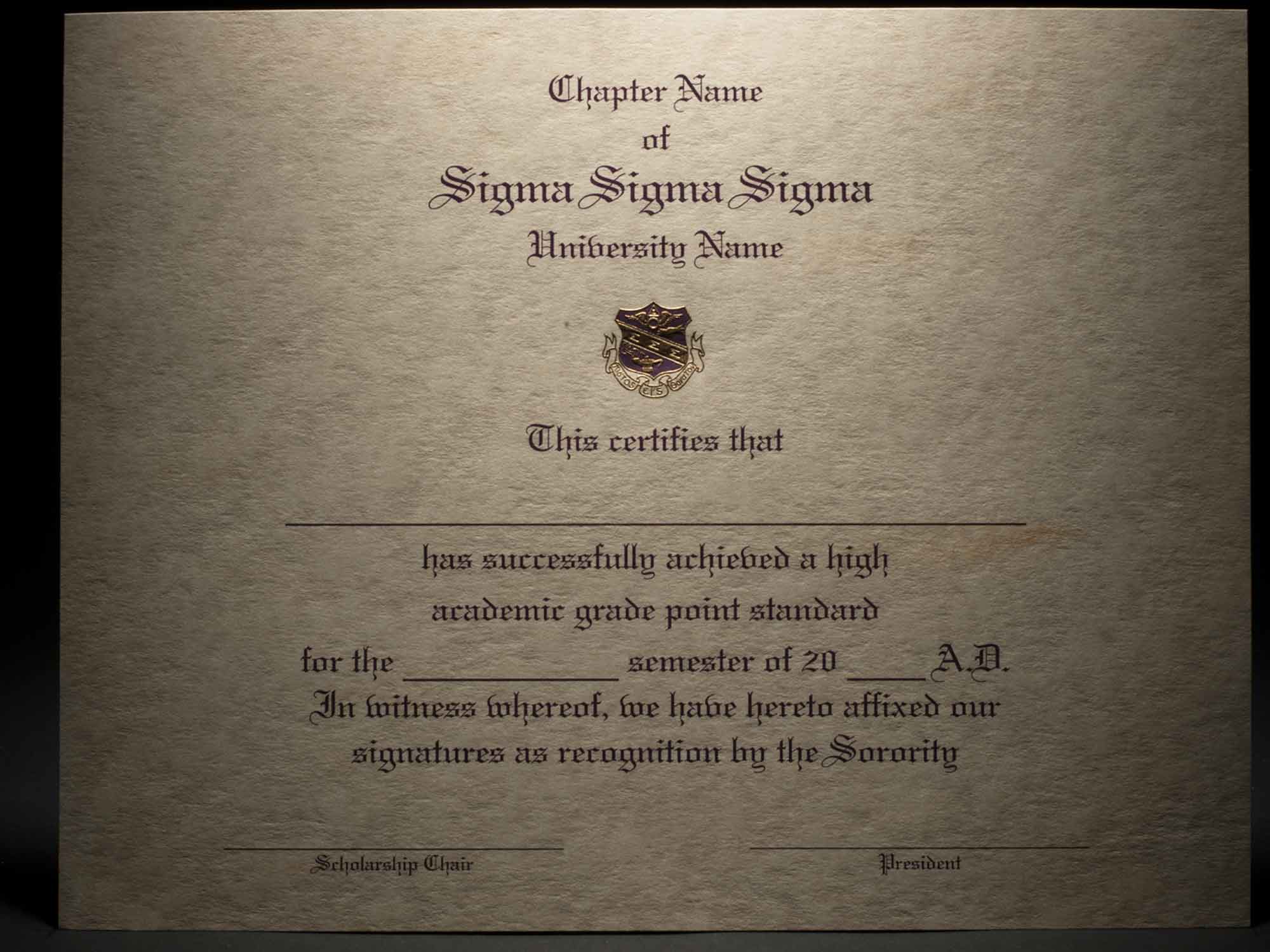 Engraved Academic Achievement Certificates Sigma Sigma Sigma