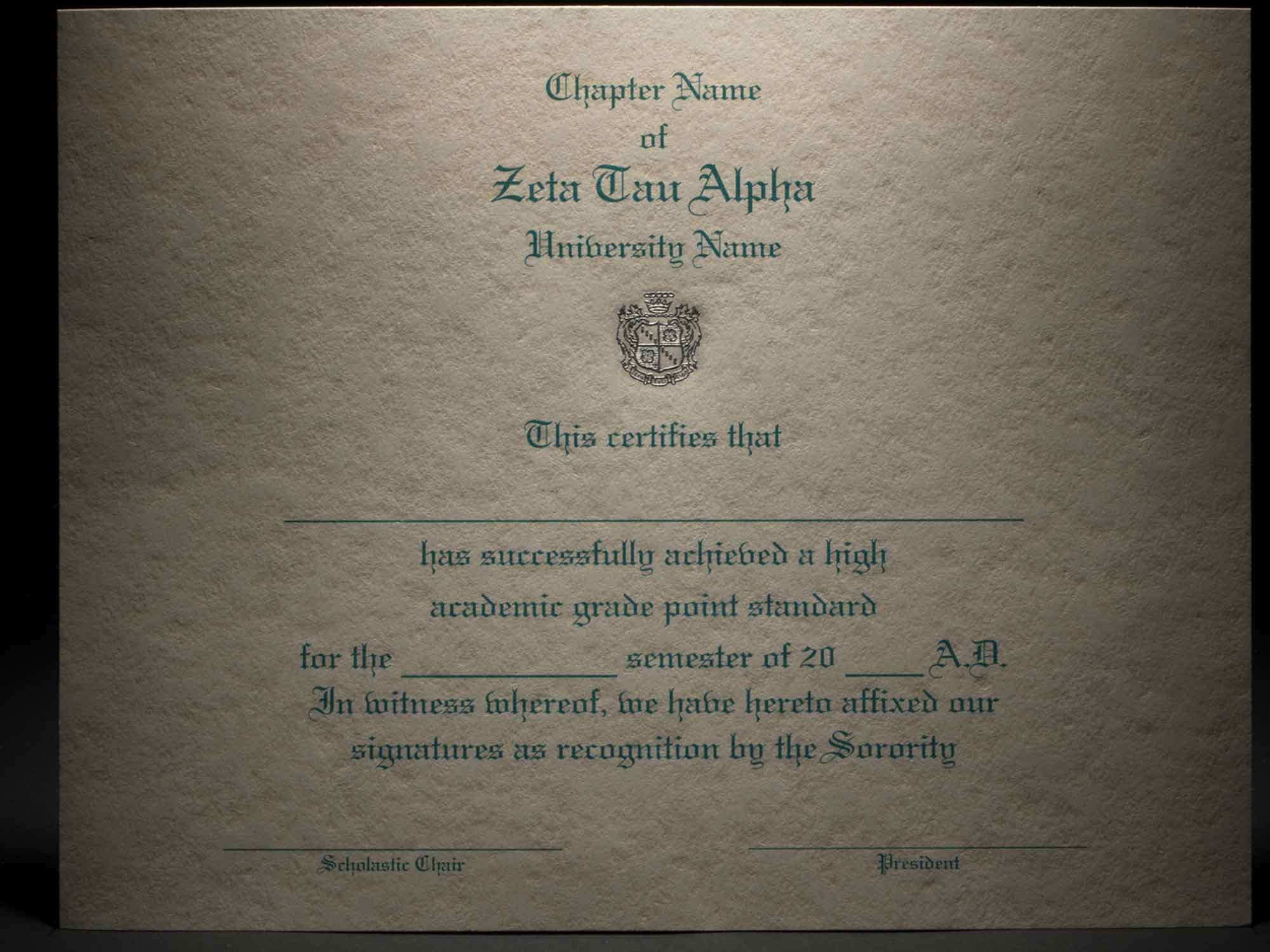 Engraved Academic Achievement Certificates Zeta Tau Alpha