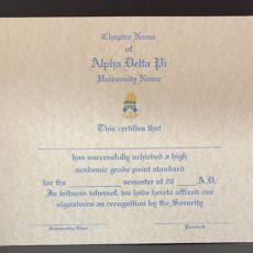 Engraved Academic Achievement Certificates Alpha Delta Pi