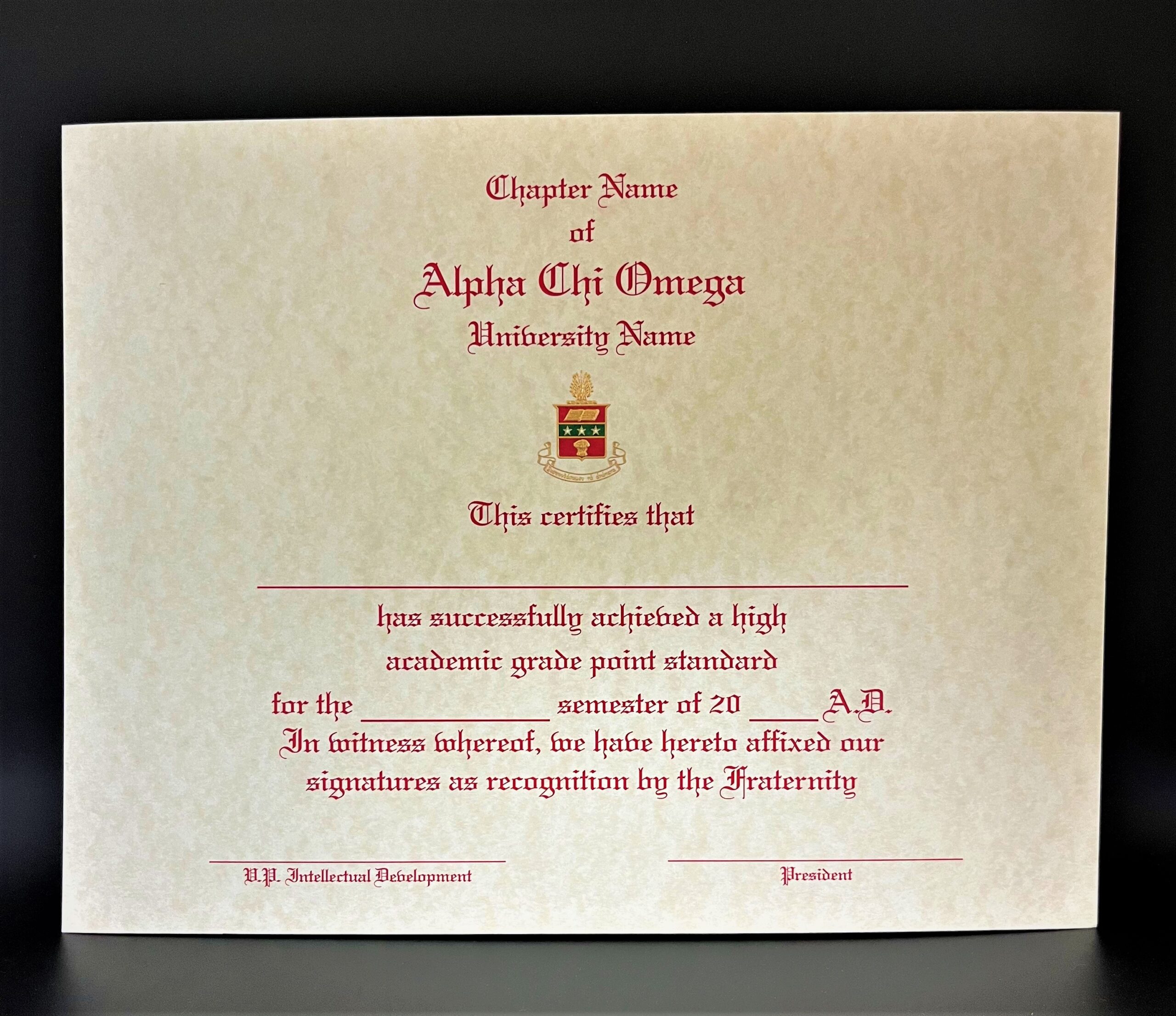 Engraved Academic Achievement Certificates Alpha Chi Omega