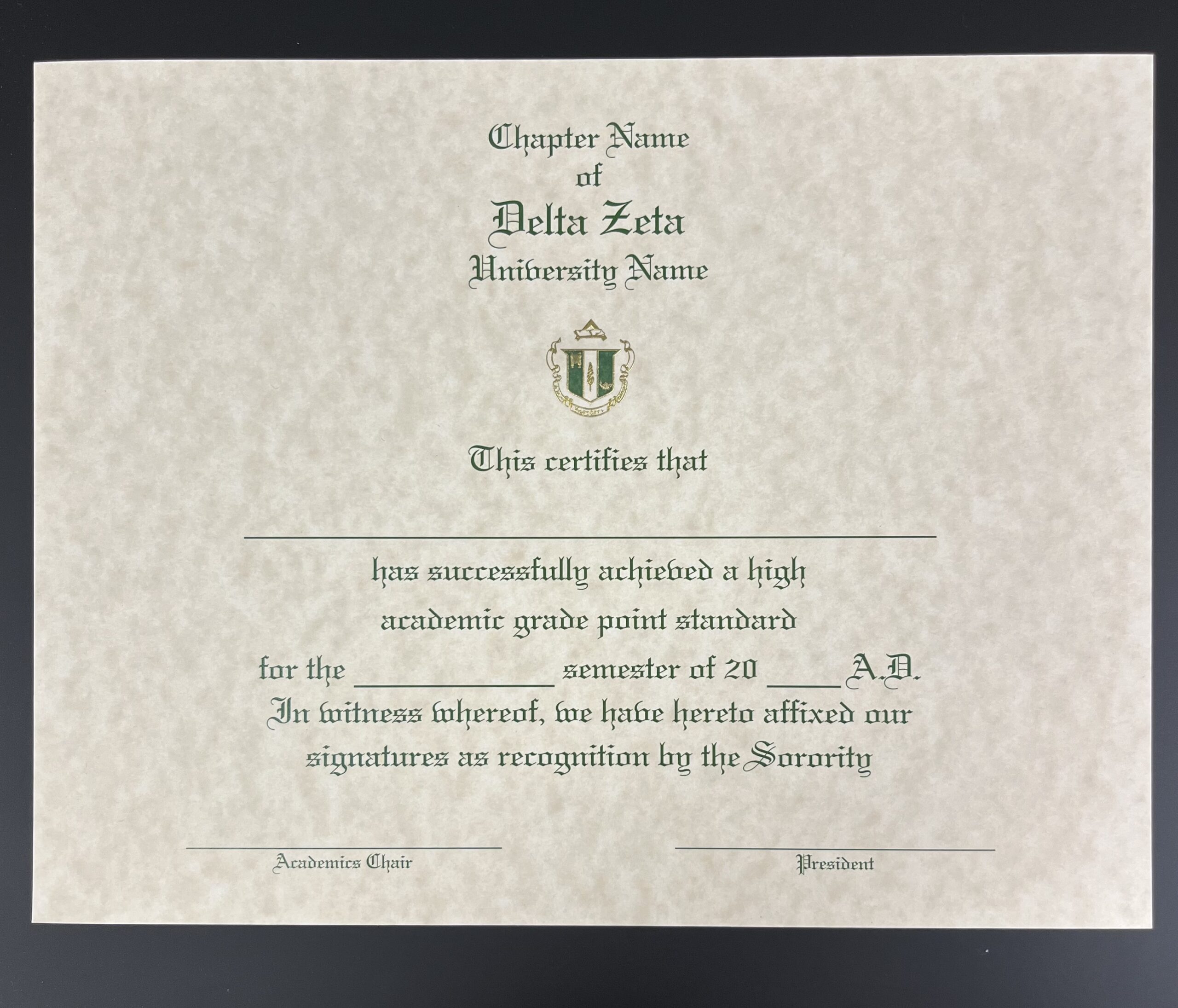 Engraved Academic Achievement Certificates Delta Zeta