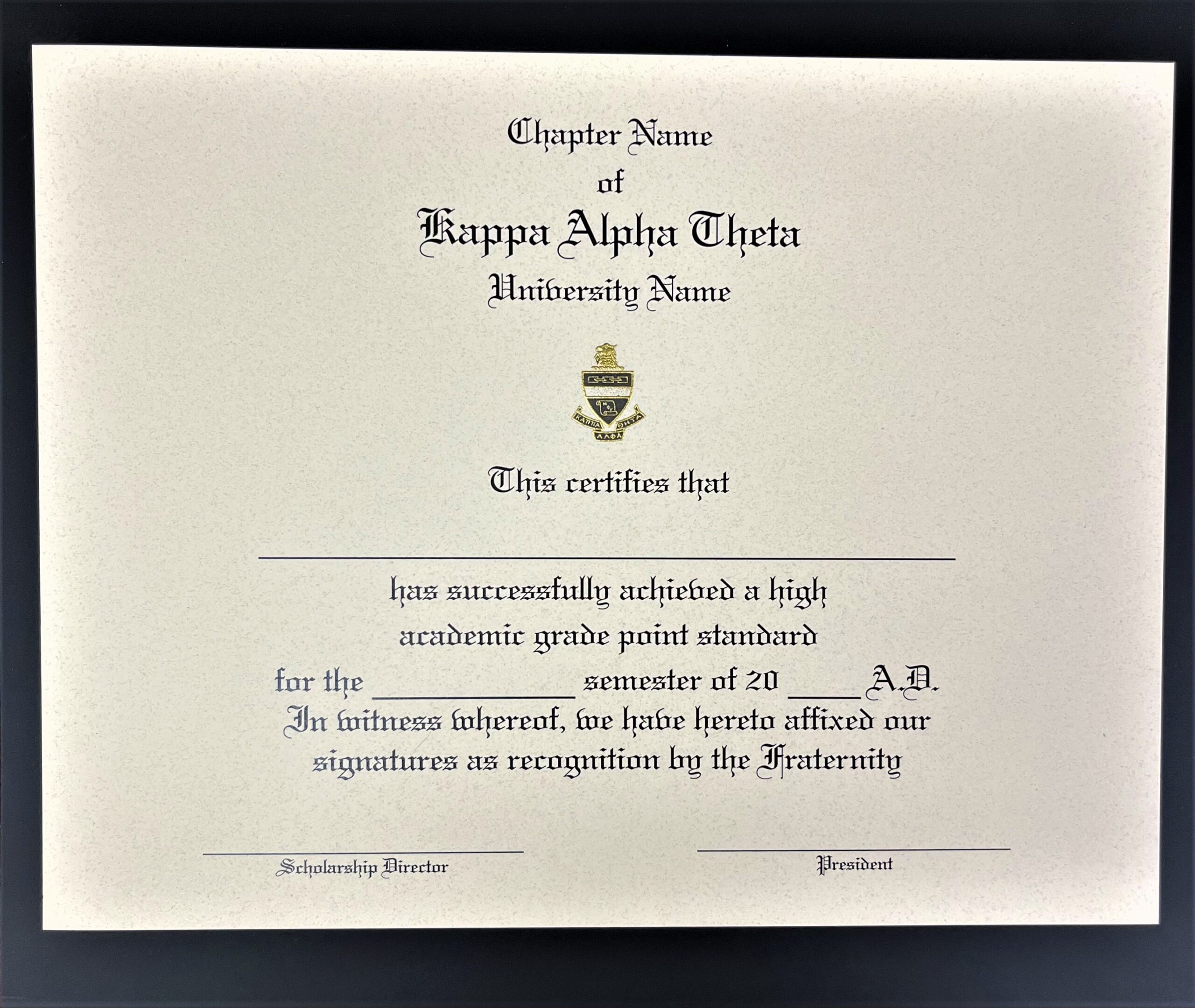Engraved Academic Achievement Certificates Kappa Alpha Theta