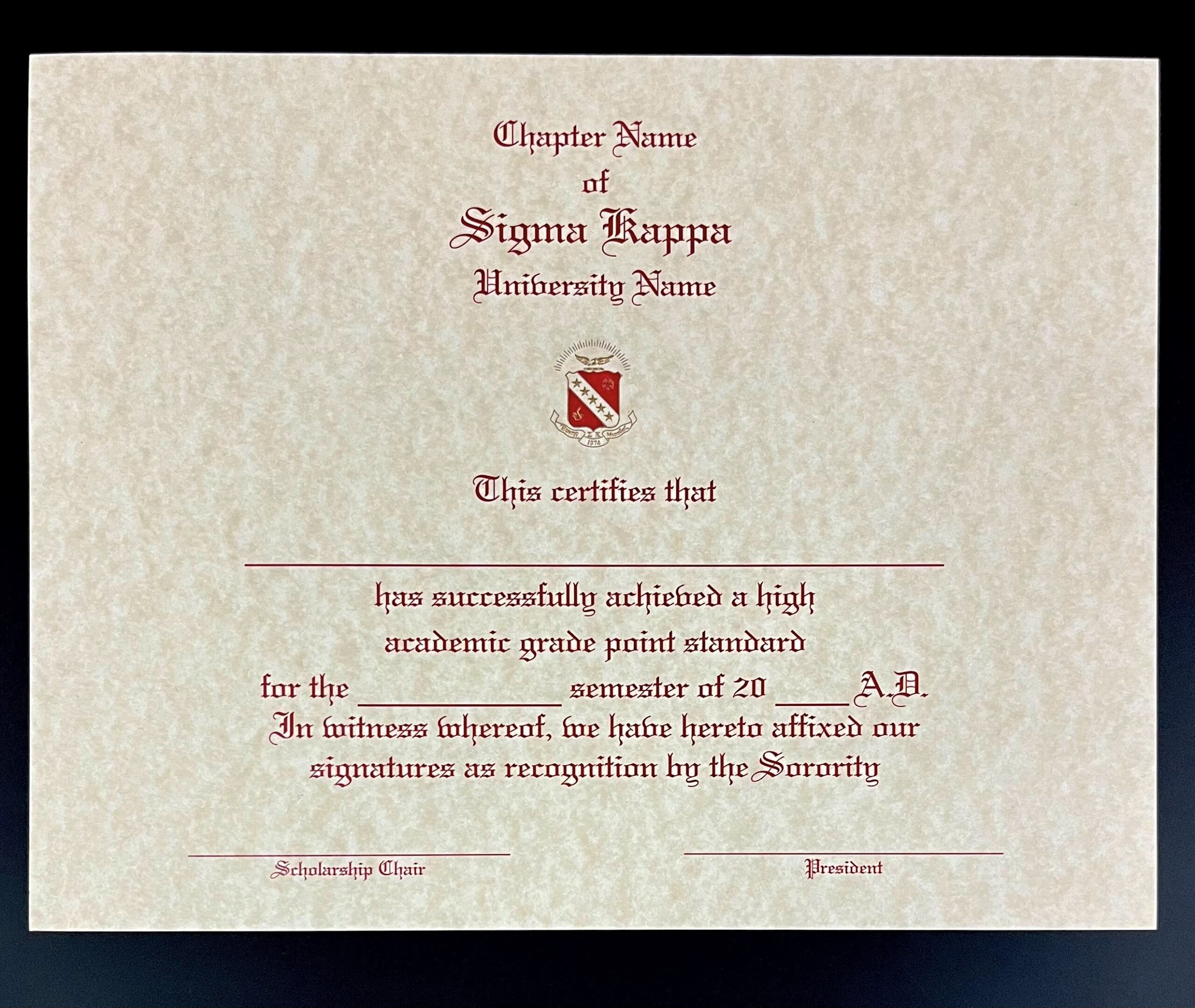 Engraved Academic Achievement Certificates Sigma Kappa