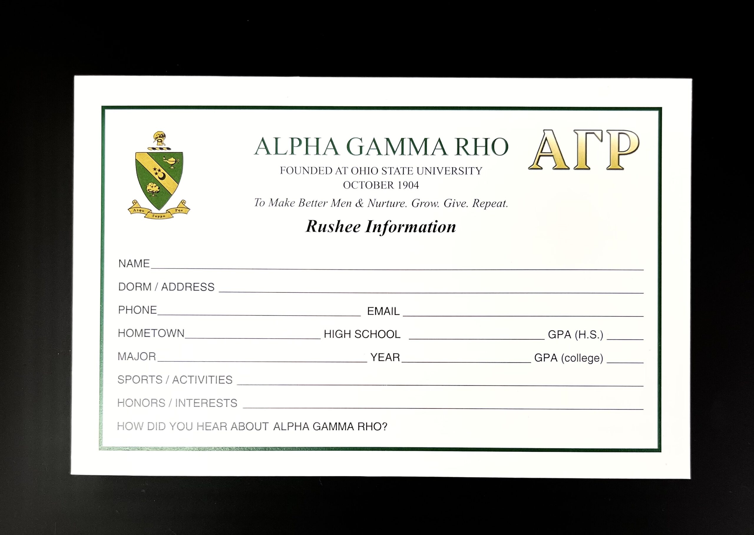 Rushee Information Cards Alpha Gamma Rho