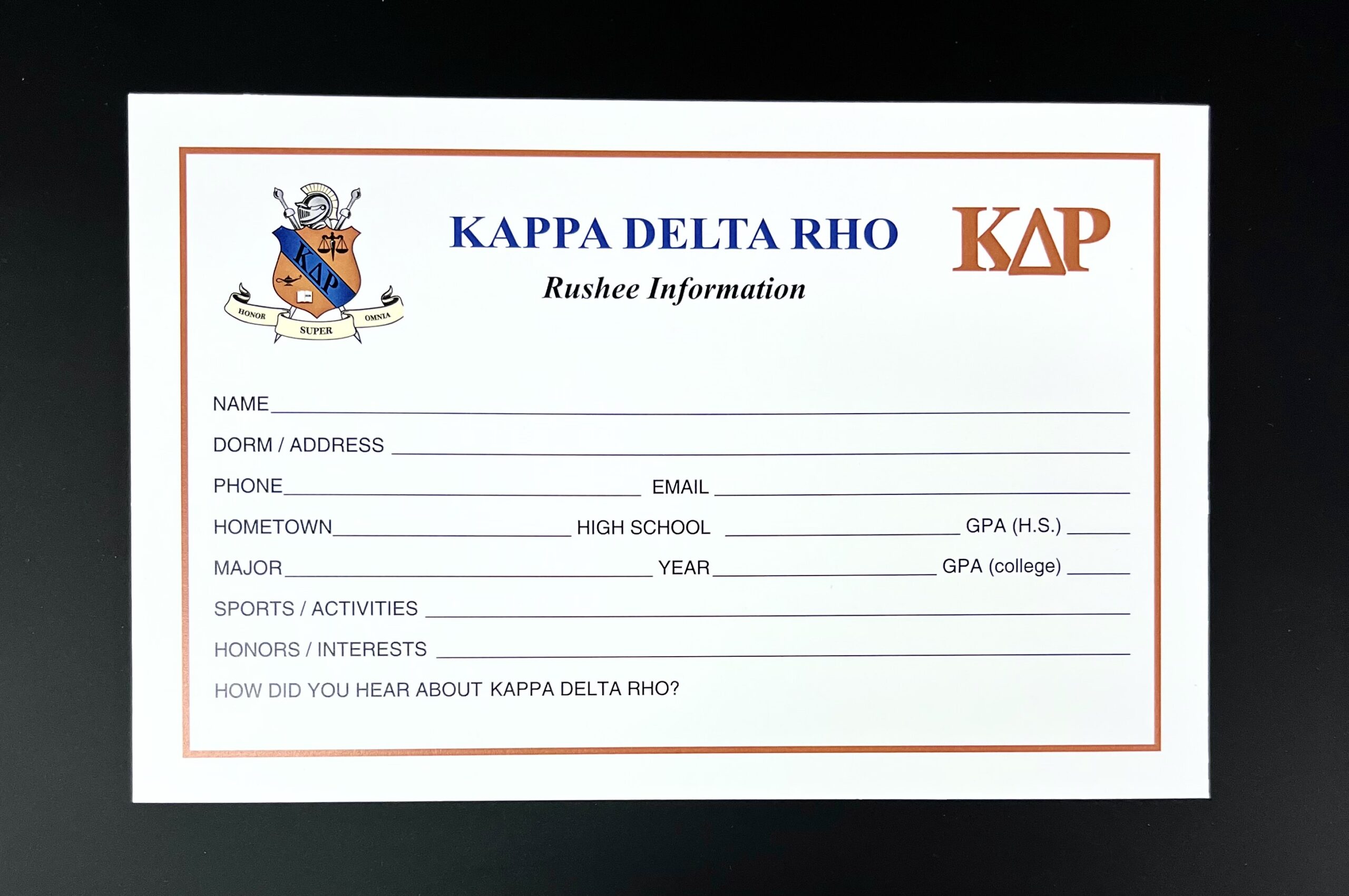 Rushee Information Cards Kappa Delta Rho