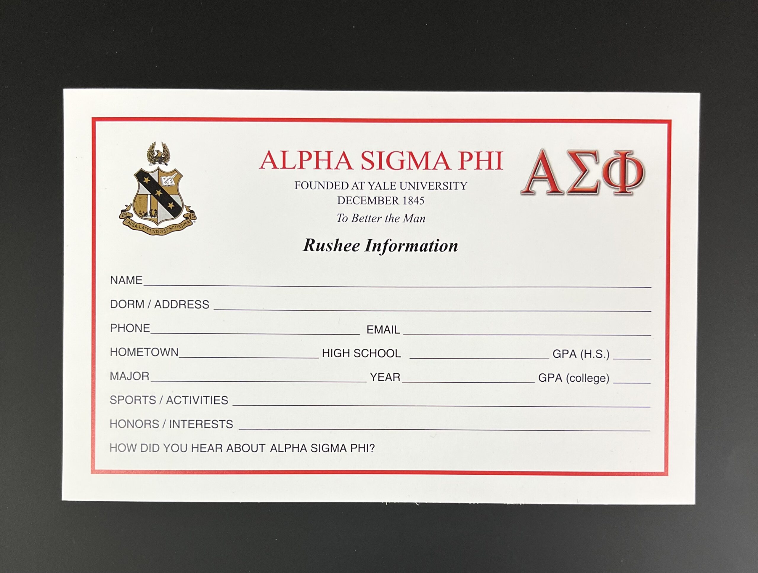 Rushee Information Cards Alpha Sigma Phi