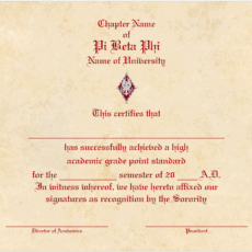 Engraved Academic Achievement Certificates Pi Beta Phi
